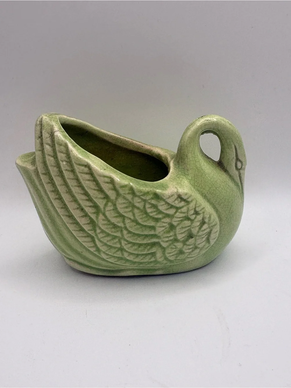 Vintage Green Ceramic Swan Planter Mid Century Crackle Glaze Bird Pottery 4.25”